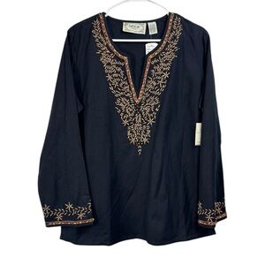 NWT Vintage Size Large Black Tunic Top Beaded Boho Hippie Linen Cotton Tantrums
